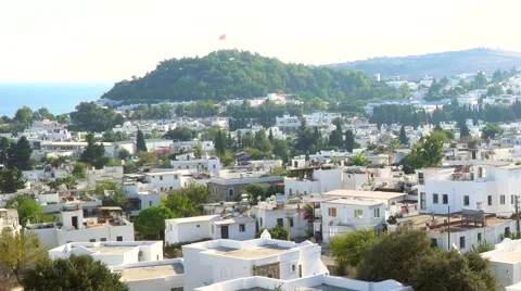 Typical Aegean architecture in Bodrum, Turkey. White houses in the town. Stock Footage 68330414