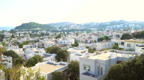 Typical Aegean architecture in Bodrum, Turkey. White houses in the town. Stock Footage 68330603