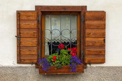 Typical alpine house windows Stock Photos