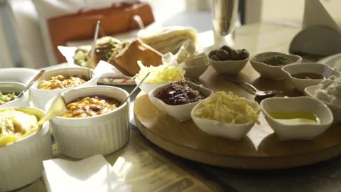 Typical Arabic and Oriental breakfast in a restaurant in Manama, Bahrain Stock Footage 244527613