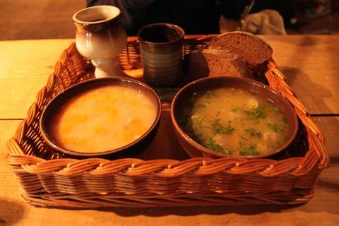 Typical Baltic soups with hand made cups Foto stock