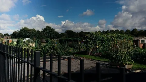 Typical British allotment area where local residence can rent land to grown Stock Footage 80657702