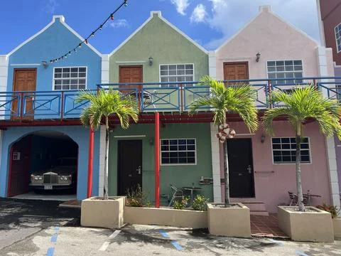 Typical colourful buildings with pastel-colored colonial architecture in Stock Photos