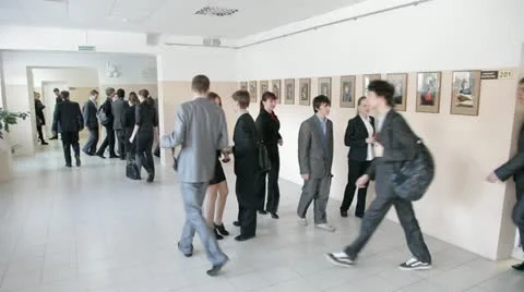 Typical corridor of russian school while a break Stock Footage