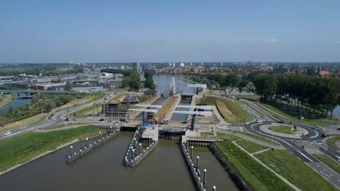 Typical Dutch lock and control room as seen in waterways and canals Stock Photos