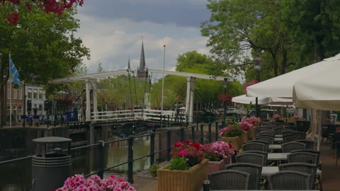 Typical Dutch Postcard City Scene with Canal Bridge, Church Tower, Flowers and Stock Footage 342347077