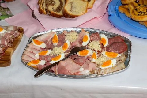 Typical Eastern meal in Carintha, Austria: eggs, cold cuts and horseradish Stock Photos