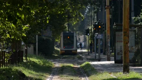 Typical electric tram in Milan Stock Footage 137153597