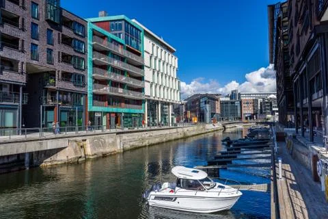 Typical example of Scandinavian architecture in the Aker Brygge area in Oslo Stock Photos