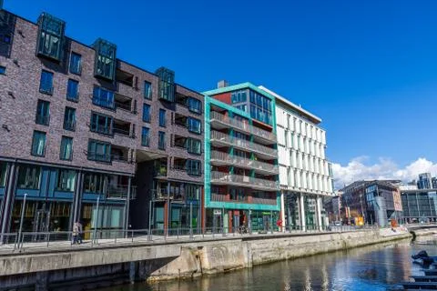 Typical example of Scandinavian architecture in the Aker Brygge area in Oslo Stock Photos