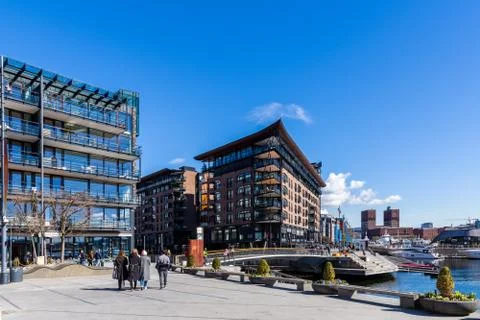 Typical example of Scandinavian architecture in the Aker Brygge area in Oslo Stock Photos