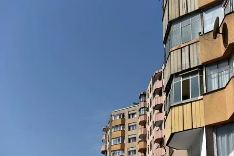 Typical facade of concrete panel building. Post Soviet flat of blocks Stock Photos