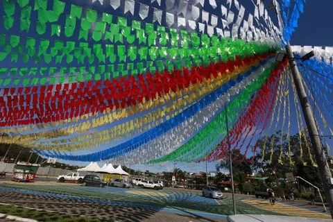 Typical flags of juninas festivals in Brazil Stock Photos