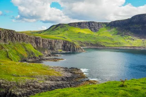 Typical green meadows and seaside of Isle of Skye, Scotland, on a sunny Foto stock
