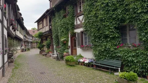 Typical half-timbered houses lined along a pedestrian street in Gengenbach Stock Footage 289000352