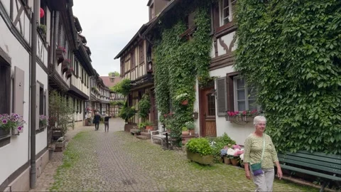 Typical half-timbered houses lined along a pedestrian street in Gengenbach Stock Footage 289000354
