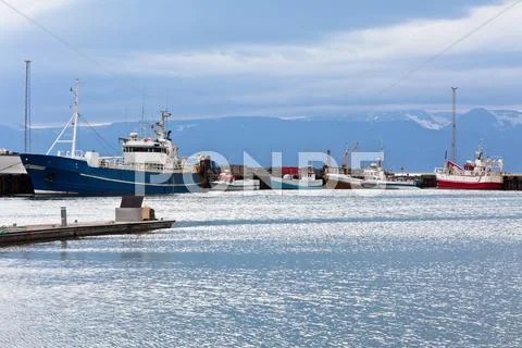 Typical iceland harbor with fishing boats at overcast day Stock Photos