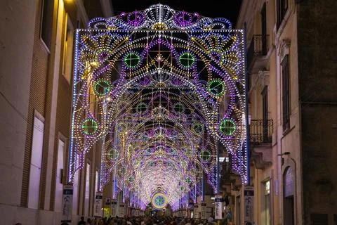 Typical illuminations of Salento during holidays. Feast Madonna Bruna, Matera Stock Photos