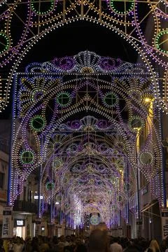 Typical illuminations of Salento during holidays. Feast Madonna Bruna, Matera Stock Photos
