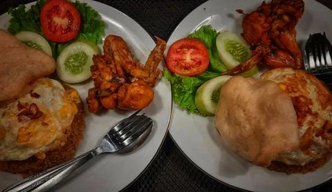 Typical Indonesian food menu, with fried chicken and traditional food menu Stock Photos