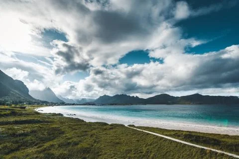 A typical Lofoten beach view frames the sea at Ramberg Lofoten. Scene on a Foto stock