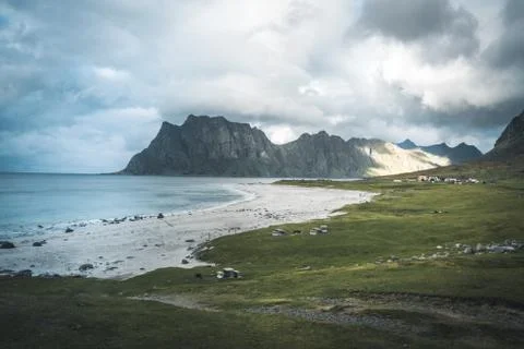 A typical Lofoten beach view frames the sea at Ramberg Lofoten. Scene on a Stock Photos