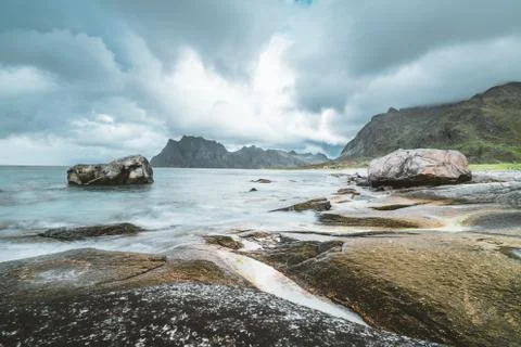 A typical Lofoten beach view frames the sea at Ramberg Lofoten. Scene on a Stock Photos