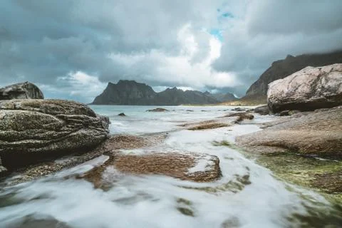 A typical Lofoten beach view frames the sea at Ramberg Lofoten. Scene on a Stock Photos