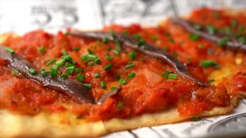 Typical Mallorcan food,  Coca de escalivada con anchoas Stock Footage 188529645