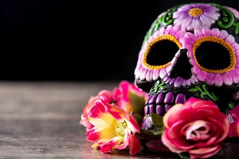 Typical Mexican skull Katrina and flowers diadem Stock Photos