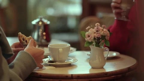 A typical morning in the charming streets of Paris. Croissant and coffee Stock Footage 265581627