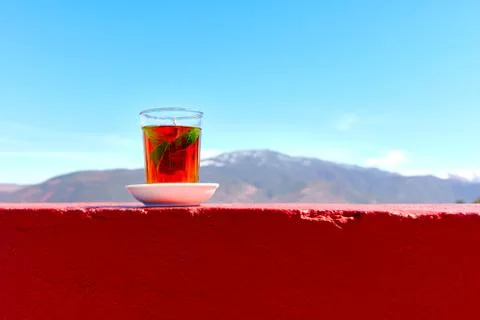 Typical Moroccan mint tea in a small cafe by the road in the Atlas mountains Stock Photos
