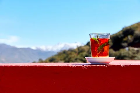 Typical Moroccan mint tea in a small cafe by the road in the Atlas mountains Stock Photos