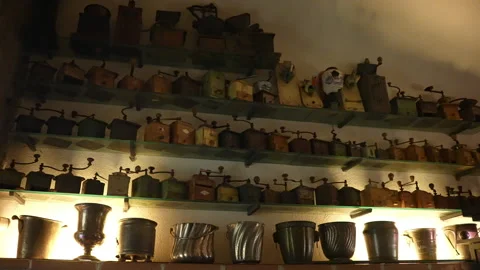 Typical museum with antique tools and equipments, underground room full of Stock-Footage 220873235