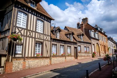 Typical Norman architecture in Lyons-la-Fort, Normandy, France Stock Photos