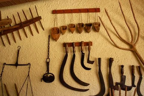 Typical old field tools Stock Photos