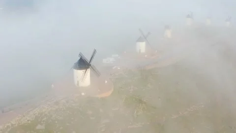 Typical old white Spanish windmills (Molinos appearing in Don Quijote) Stock-Footage 175647896