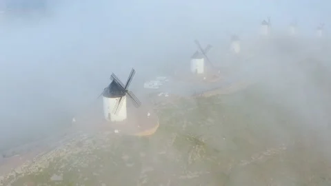 Typical old white Spanish windmills (Molinos appearing in Don Quijote) Stock Footage 175648622