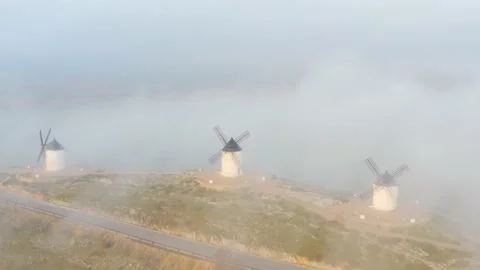 Typical old white Spanish windmills (Molinos appearing in Don Quijote) Stock Footage 175655538