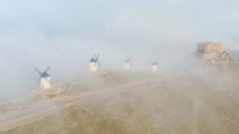 Typical old white Spanish windmills (Molinos appearing in Don Quijote) Stock Footage 175656010