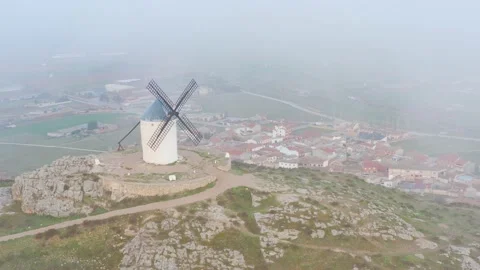 Typical old white Spanish windmills (Molinos appearing in Don Quijote) Stock Footage 175659092