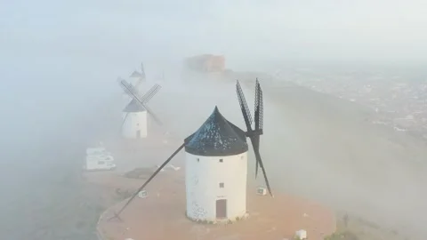 Typical old white Spanish windmills (Molinos appearing in Don Quijote) Stock Footage 175659583
