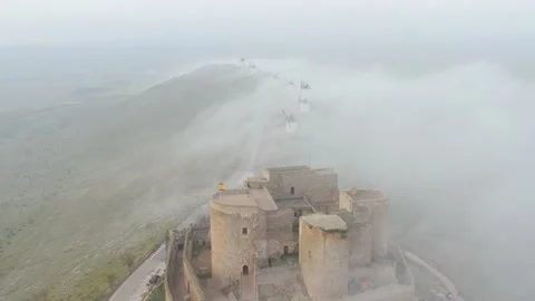 Typical old white Spanish windmills (Molinos appearing in Don Quijote) Stock Footage 175690322