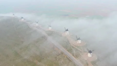 Typical old white Spanish windmills (Molinos appearing in Don Quijote) Stock Footage 175690913