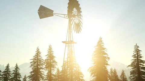 Typical Old Windmill turbine in forest at sunset Stock Illustration