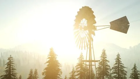 Typical Old Windmill turbine in forest at sunset Stock Illustration