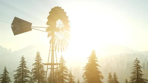 Typical Old Windmill turbine in forest at sunset Stock Illustration
