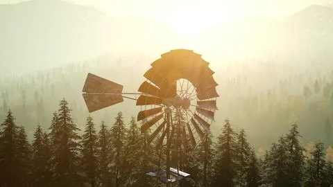 Typical Old Windmill turbine in forest at sunset Stock Illustration