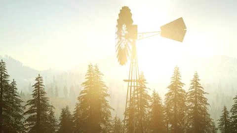 Typical Old Windmill turbine in forest at sunset Illustrazione stock