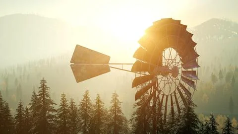 Typical Old Windmill turbine in forest at sunset Stock Illustration